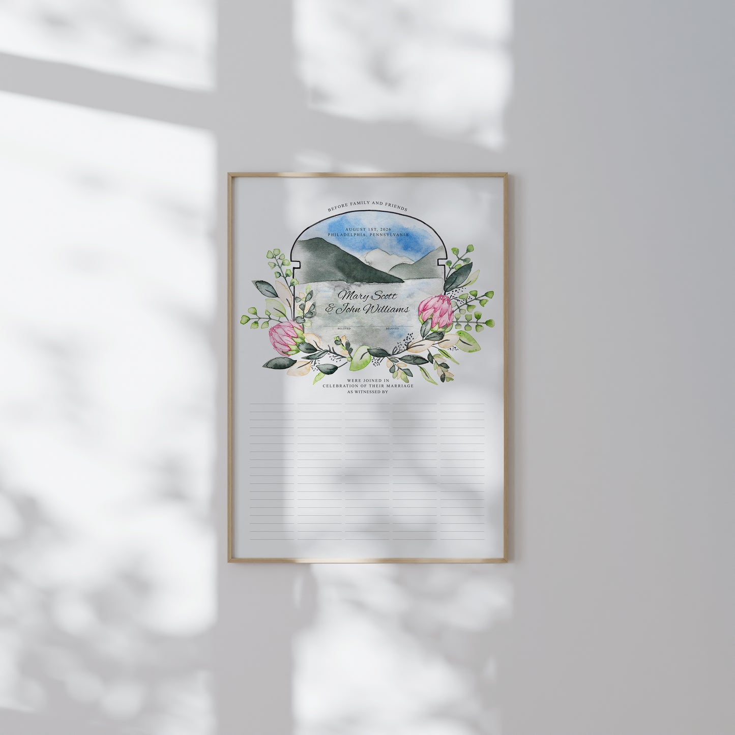 Modern King Protea Quaker Marriage Certificate | Tranquil Mountain Lake Boho Wedding | Fine Art Marriage Keepsake