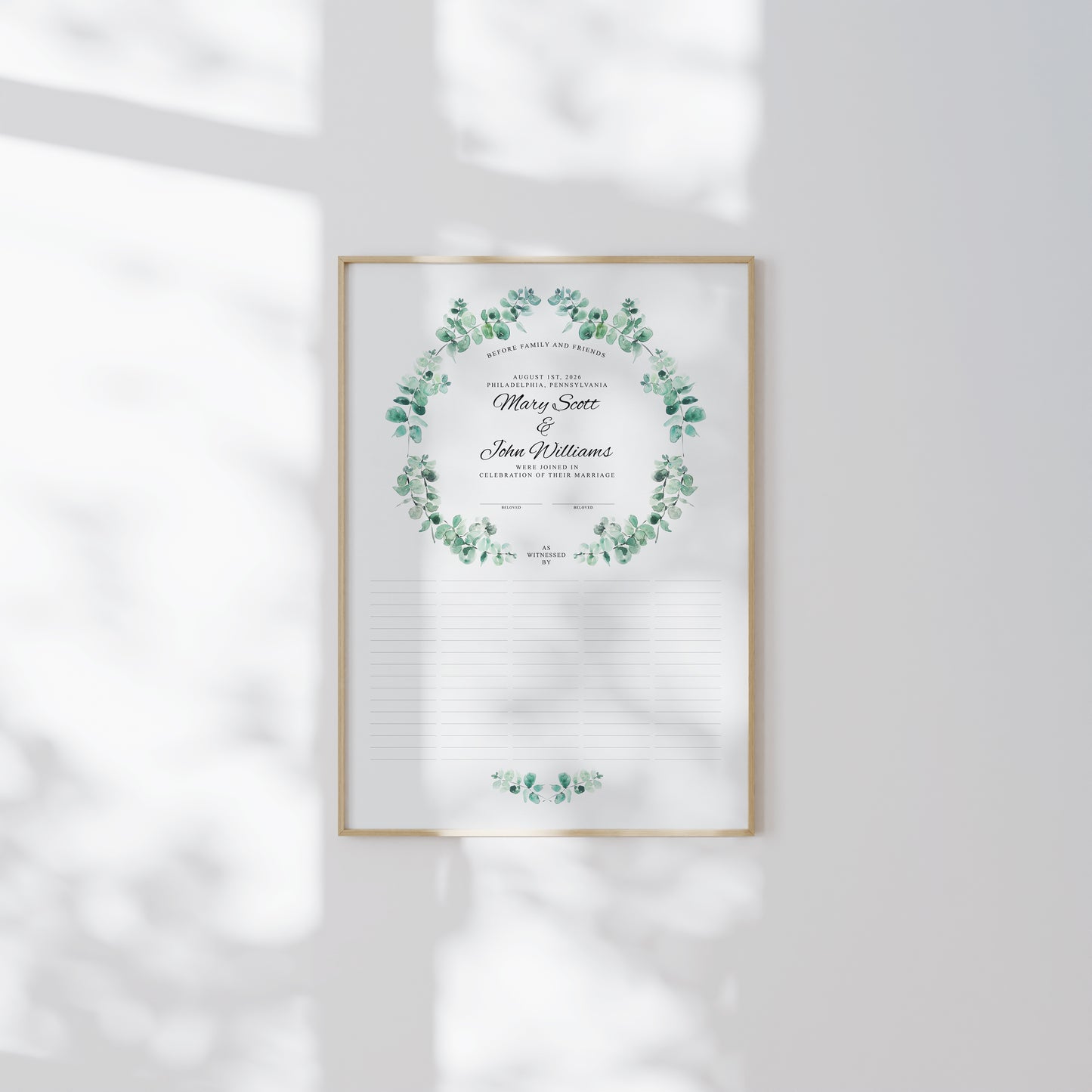 Circle of Renewal Eucalyptus Wreath Wedding Certificate | Personalized Quaker Marriage Keepsake | Evergreen Covenant Wreath of Unity