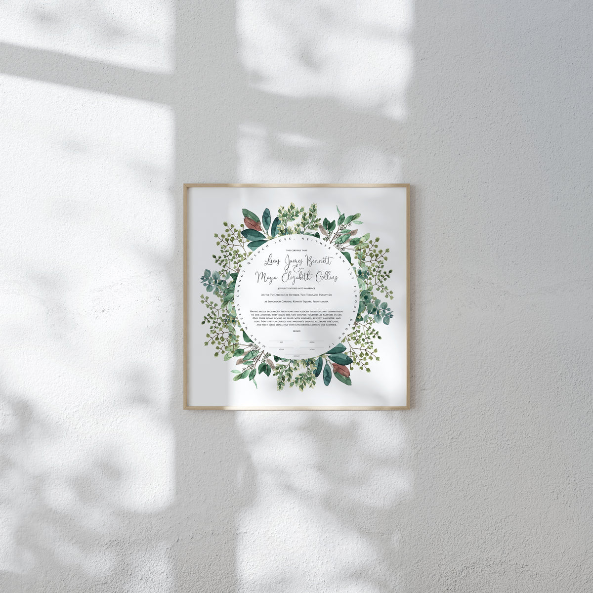 Mixed Leaf Greenery Wreath Marriage Certificate Print | Growth, Simplicity & Peace | Timeless Wedding Keepsake
