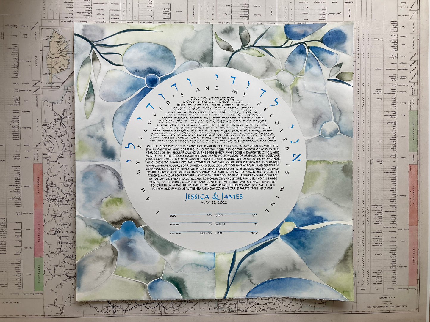 Four corners Watercolor hand painted floral custom Ketubah with calligraphy