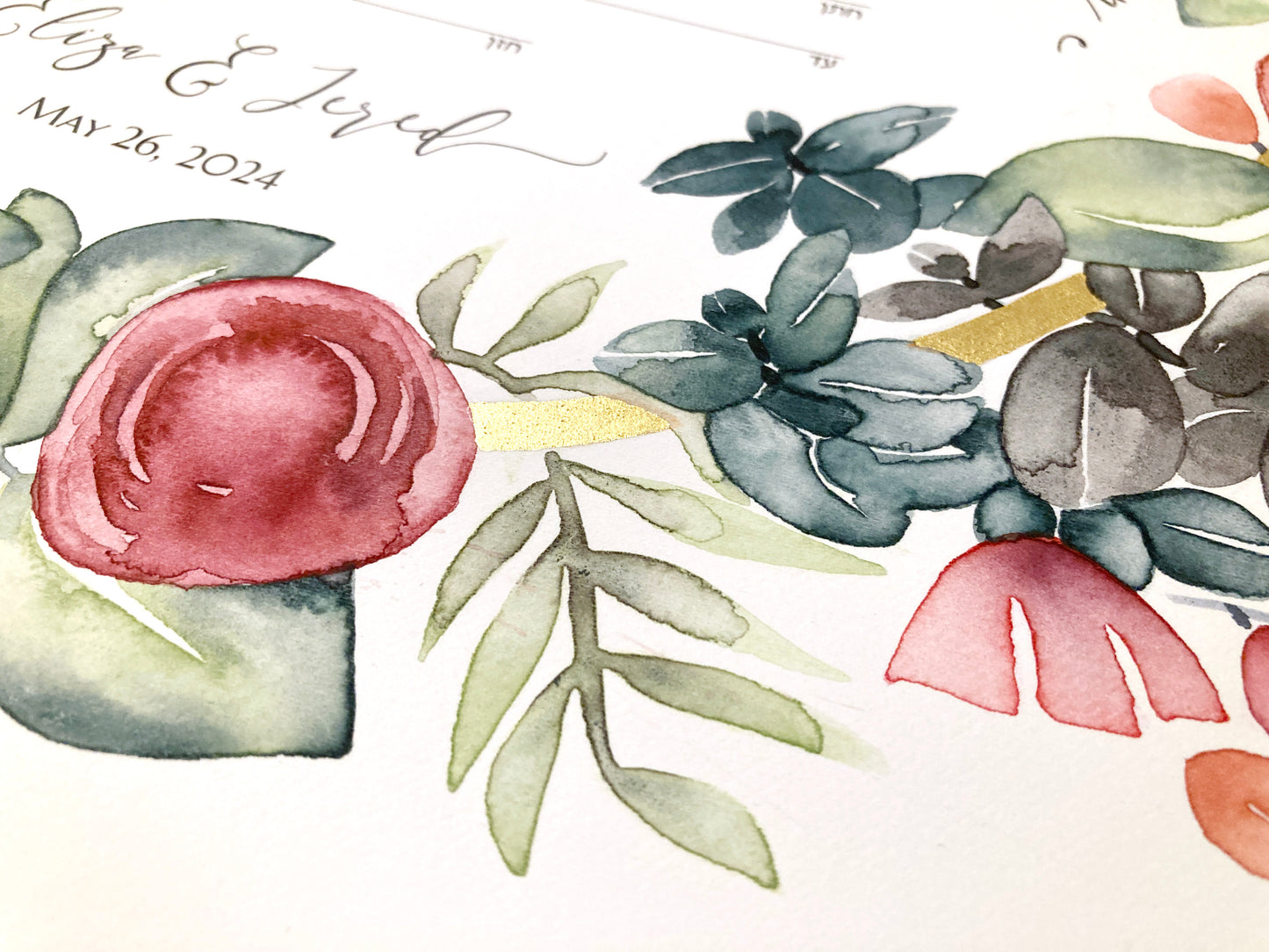 Floral Gold Ring custom painting Ketubah >< Modern Hebrew Printed text