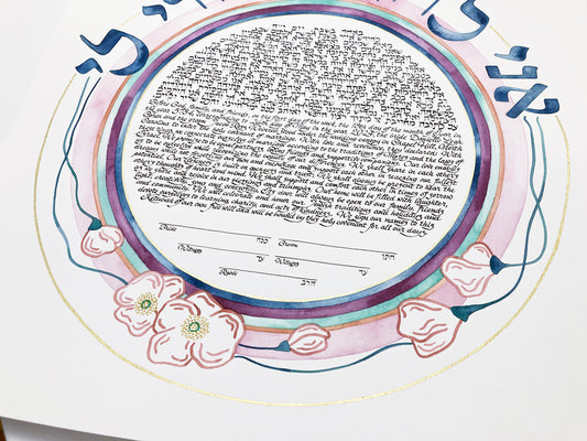 Custom Ketubah Celestial Rings with flowers and calligraphy