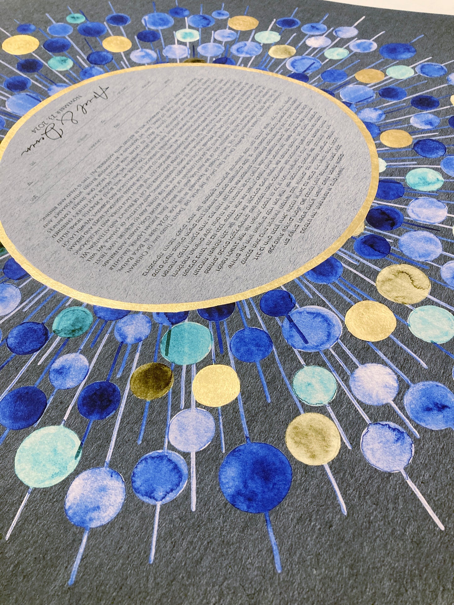 Golden orbs and Gold circle Blue Bliss Ray > Mid century modern Ketubah