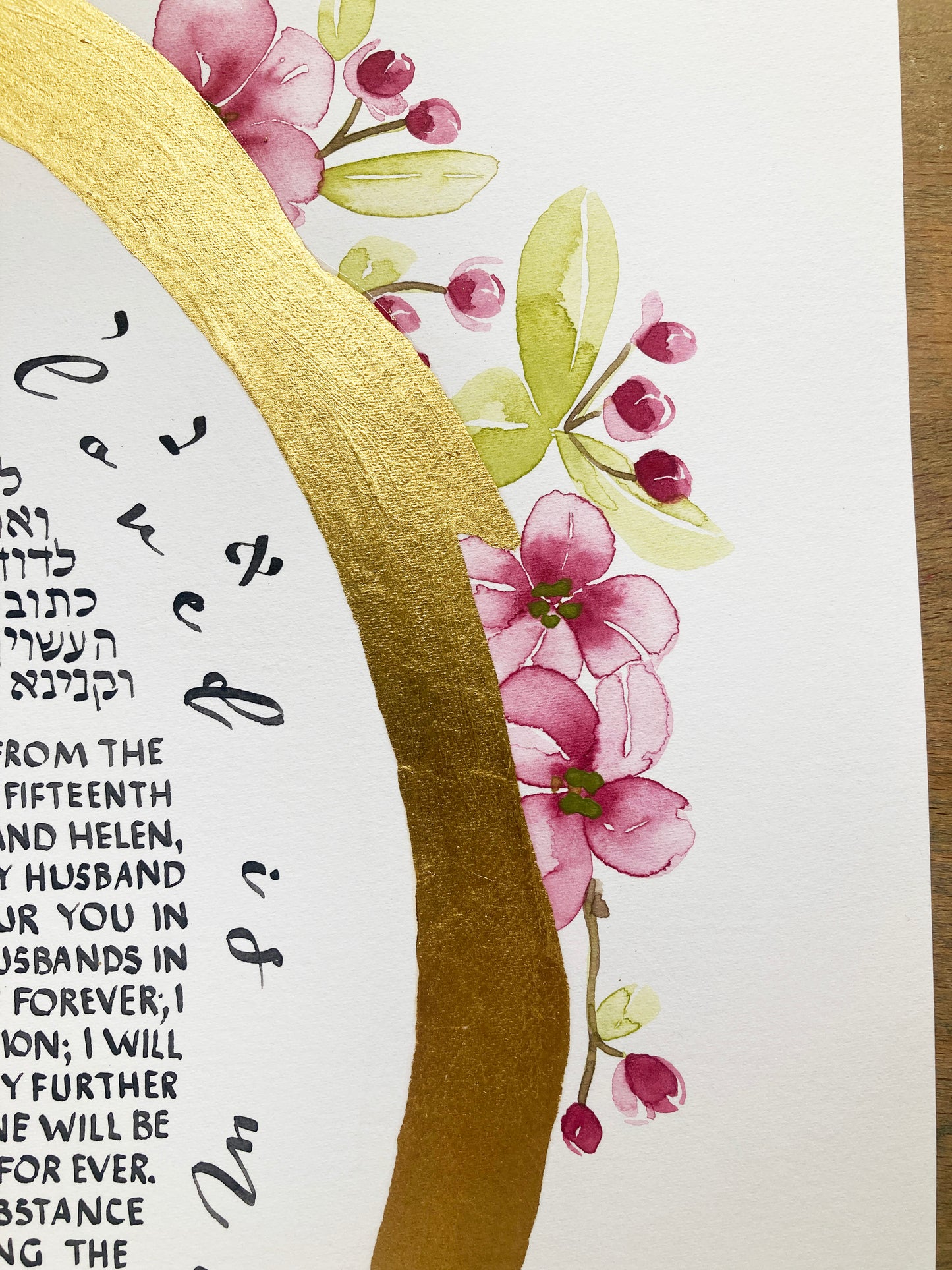 Couple's custom flower selection Nurture and Protect wreath ⤿ Watercolor Gold Ring original Ketubah