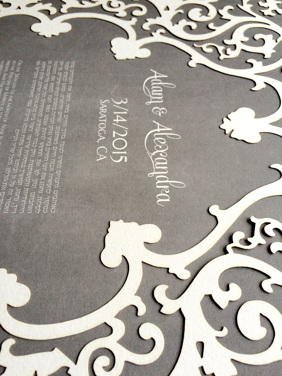Romantic Frame Ketubah Papercut - Modern Ketubah Print with off white Papercut layer