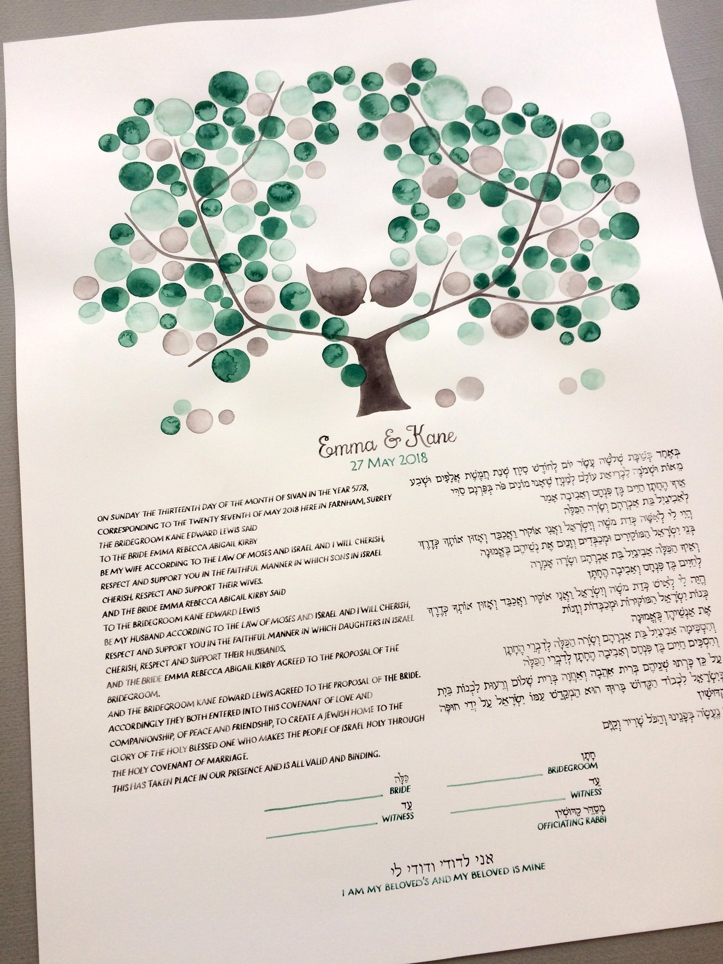 Hand painted Greenery Ketubah Watercolor Calligraphy