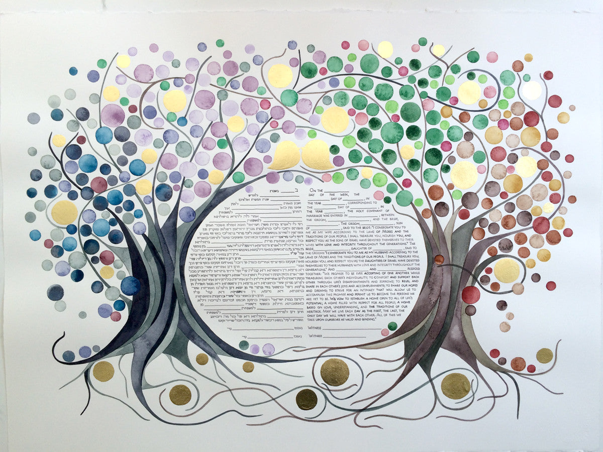 FOUR SEASONS KETUBAH Watercolor Commission Painting - Entangled Trees with Gold Leaf accents