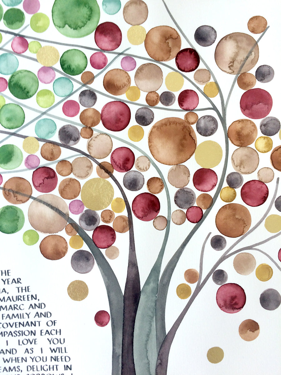 FOUR SEASONS Custom KETUBAH Commission Painting - Entangled Trees with Gold Leaf