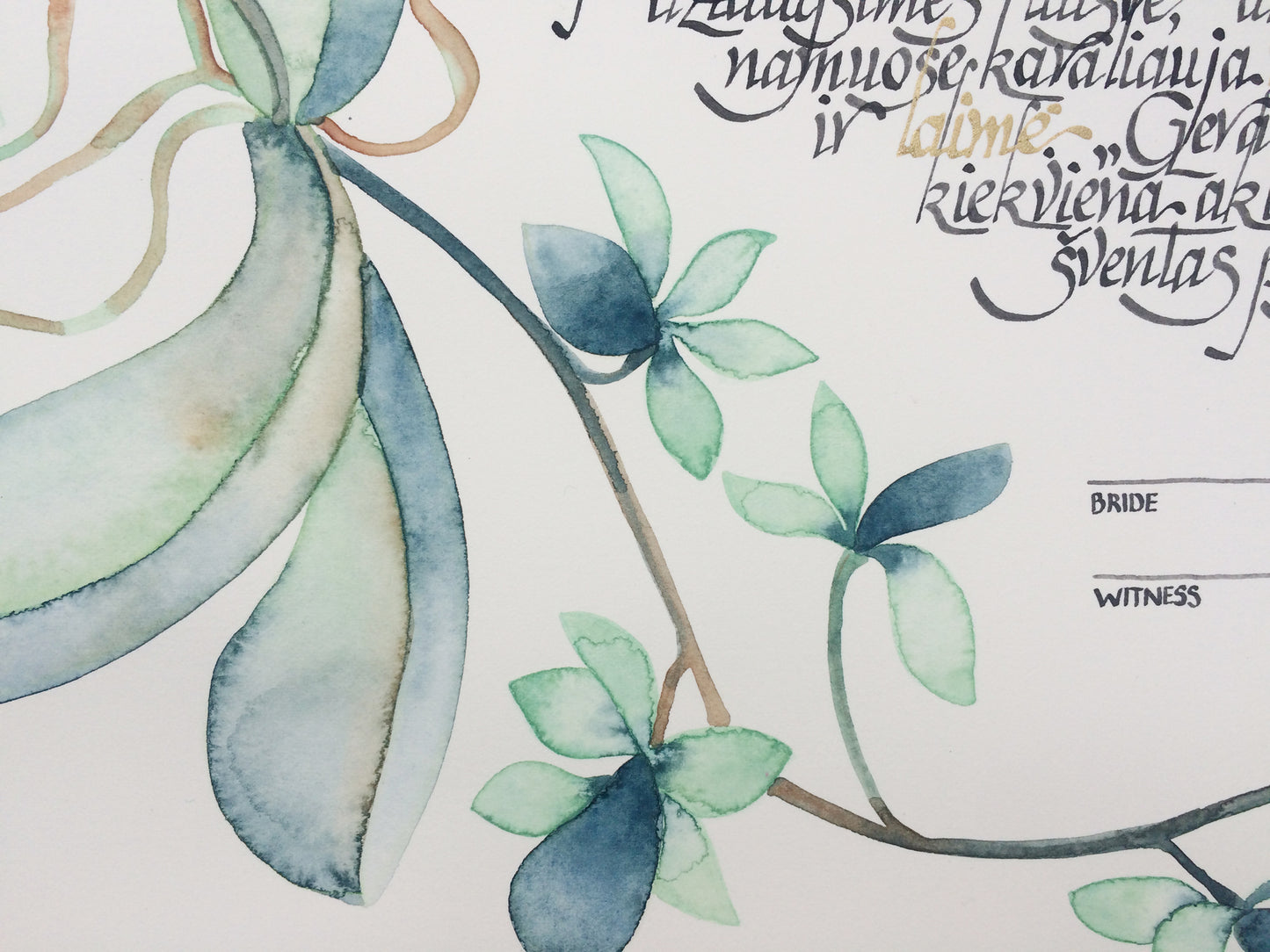 Watercolor Greenery Floral Wreath Ketubah < Trilingual Large Calligraphy