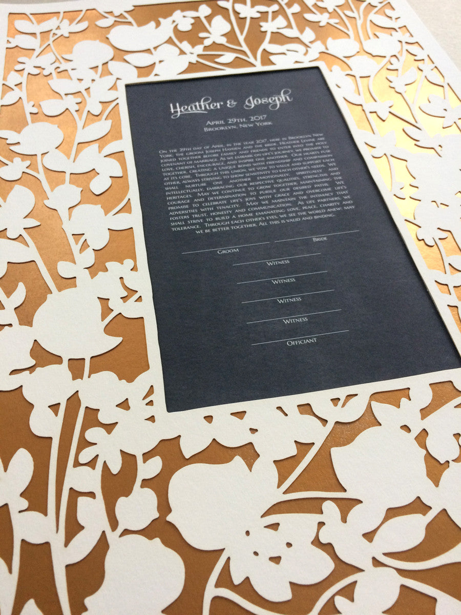 Papercut Ketubah in three layers - Papercut, art print and Metallic gold layer - BELOVED GARDEN design
