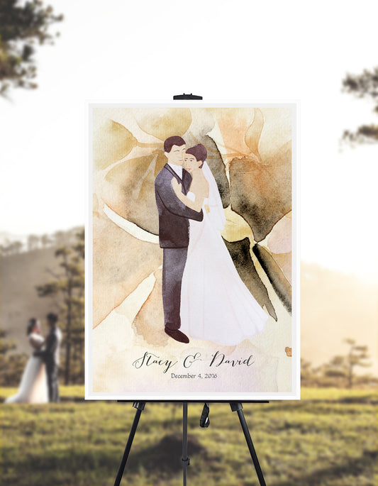 Happily just married Modern Guest Book print - with Painted Couple Portraits