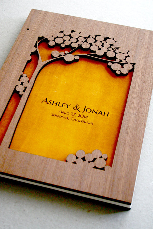 Woodcut Guest Book Album Tree of Life with Love Birds, Modern abstract minimalist guestbook album with woodcut covers