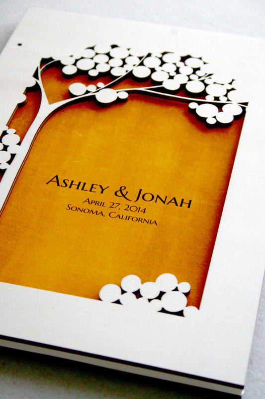 Woodcut Wedding Guest Book Album Tree of Life with Love Birds, Modern abstract minimalist anniversary guestbook album with woodcut covers