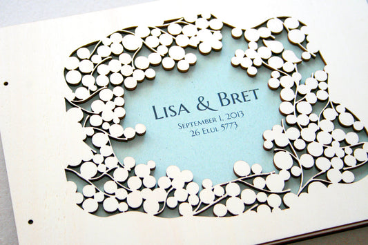 Woodcut Wedding Guest Book Album Branches with Love Birds, Modern minimalist anniversary guestbook album with woodcut covers