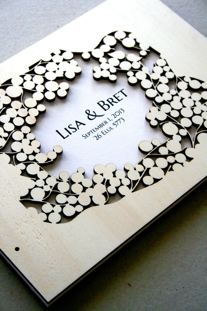 Custom Wedding Guest Book Album Branches with Love Birds, Modern abstract anniversary guestbook album with woodcut covers