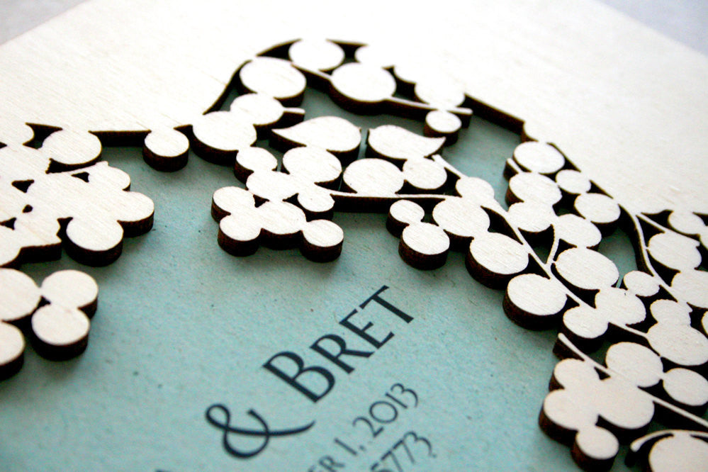 Woodcut Wedding Guest Book Album Branches with Love Birds, minimalist anniversary guestbook album with woodcut covers