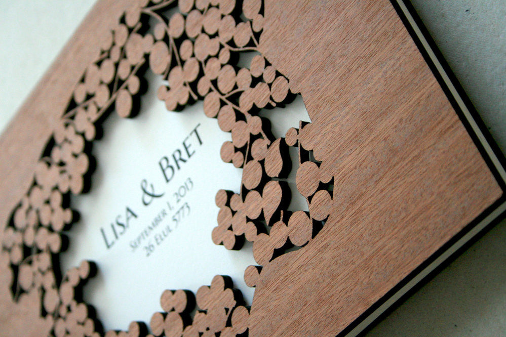 Custom Wedding Guest Book Album Branches with Love Birds, abstract minimalist anniversary guestbook album with woodcut covers