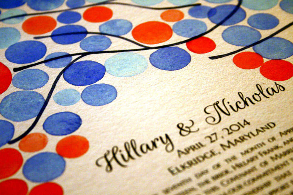 Personalized Modern Ketubah - Painted Branches with Love Birds
