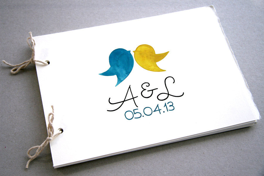 Custom Wedding Guest Book Album with Love Birds, Modern minimalist guestbook album with watercolor painted hardcovers