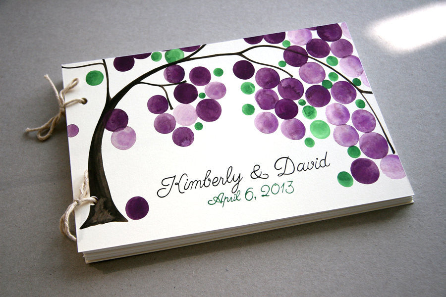 Custom Colors Wedding Guest Book Album with Tree Branch, Modern minimalist guestbook album with watercolor painted hardcovers