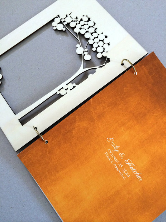Woodcut Wedding Guest Book Album Branches with Love Birds, Modern abstract minimalist anniversary guestbook album with woodcut covers