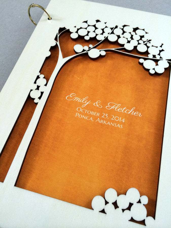 Woodcut Wedding Guest Book Album Branches with Love Birds, Modern abstract minimalist anniversary guestbook album with woodcut covers