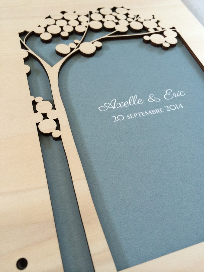 Custom Woodcut Wedding Guest Book Album Tree of Life with Love Birds, Modern abstract minimalist anniversary guestbook with woodcut covers