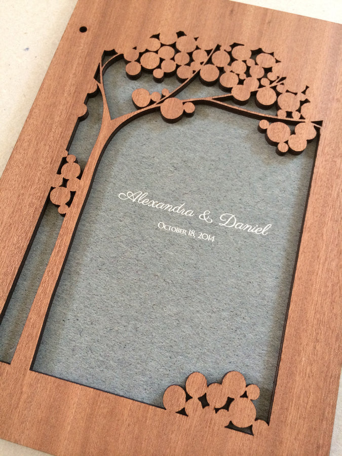 Custom Woodcut Wedding Guest Book Album Branches with Love Birds, Modern abstract minimalist anniversary guestbook with woodcut covers