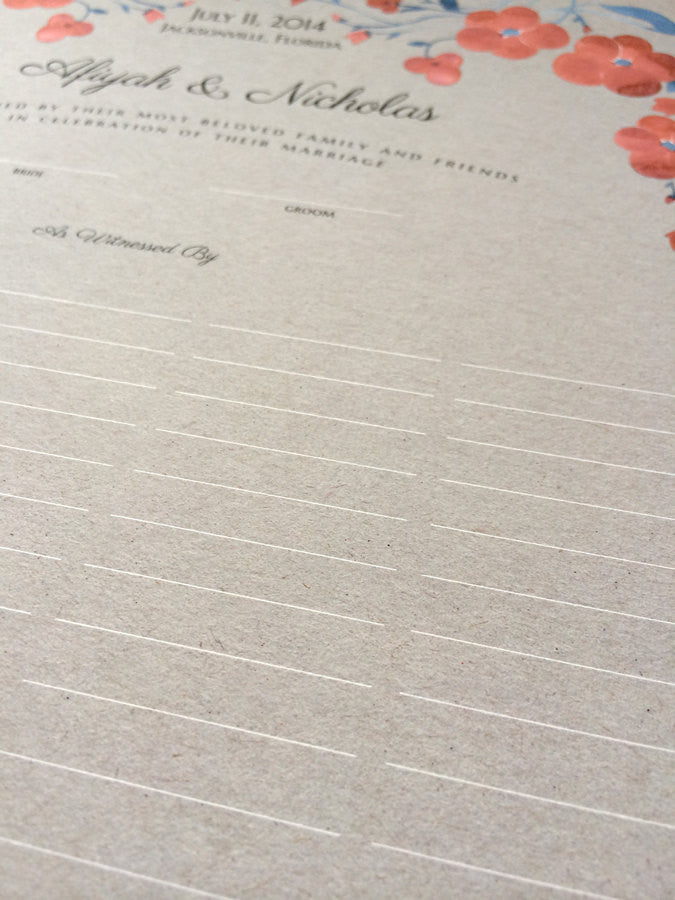 Modern Wedding Quaker Marriage Certificate art print, Wedding Guest Print - Summer Flowers