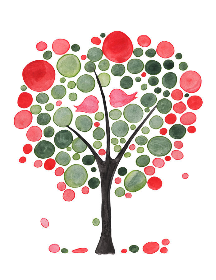 RED GREEN LOVE BIRDS TREE art print