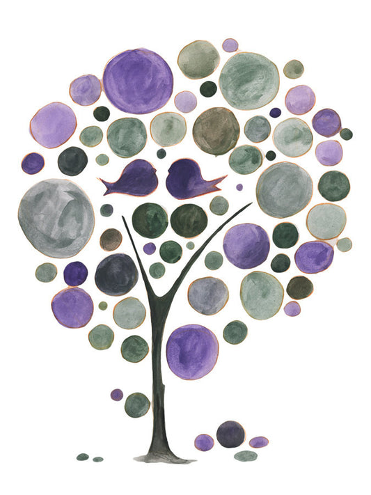 PURPLE LOVE BIRDS TREE art print