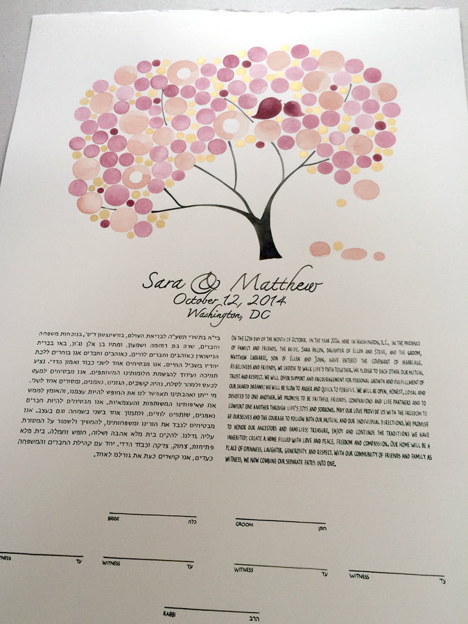 Watercolor Modern Ketubah - GOLDEN LEAF TREE - Happy Tree of Life Under the Chuppah, Custom painted Ketubah made with gold paint
