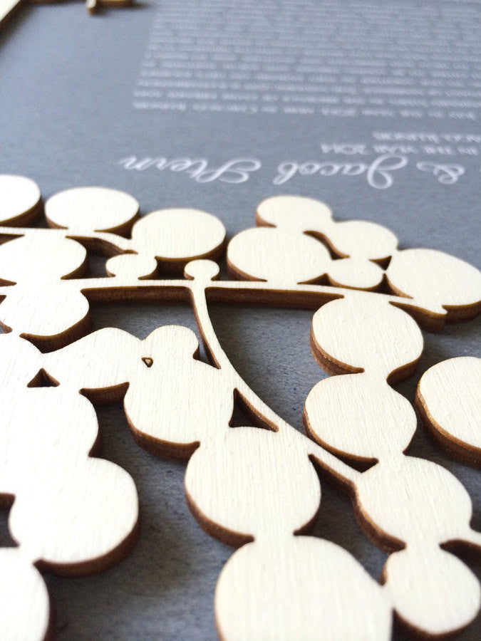 Woodcut Ketubah Light Branches with Love Birds alt, Modern abstract minimalist Ketubah Print on Kraft paper background