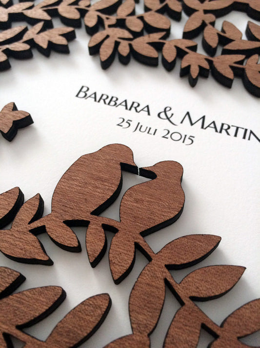 Wedding Guest Book Woodcut Album Branches Love Birds, Modern abstract minimalist anniversary, guestbook album with woodcut covers