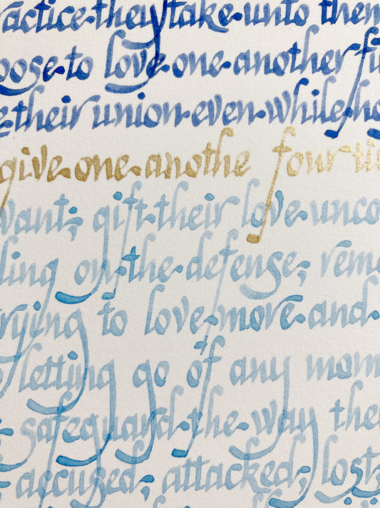 ketubah calligraphy with hombre and gold letters