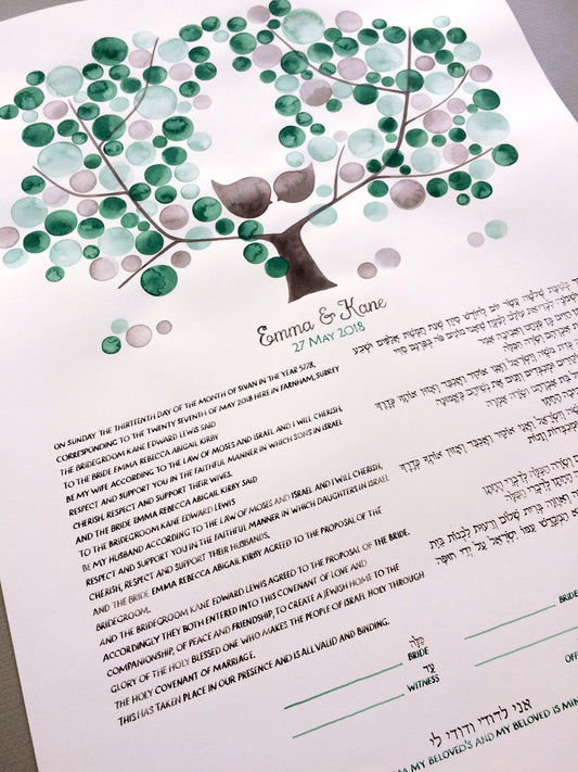Watercolor Ketubah with gorgeous calligraphy and green leaves