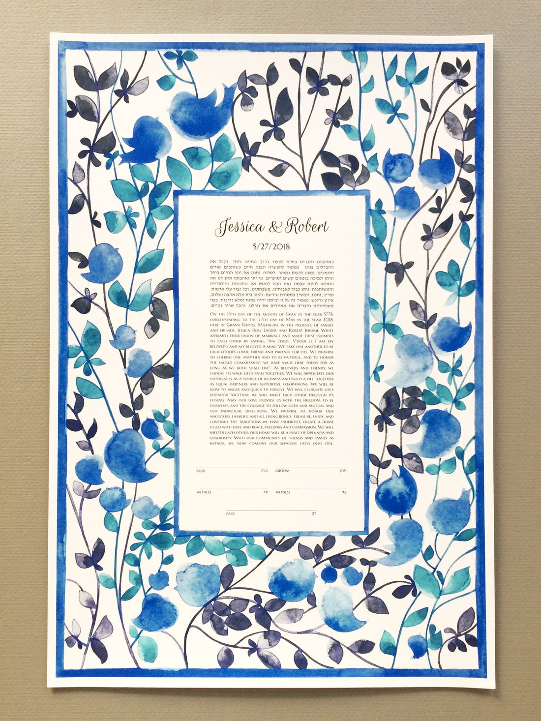 Hand painted modern Ketubah for Jewish and Jew-ish reform, interfaith, secular and traditional weddings