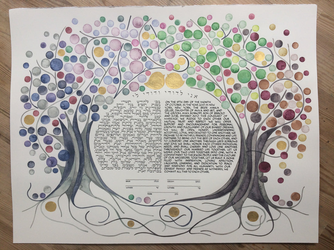 crown of the world ketubah gold love birds and intermingled verse