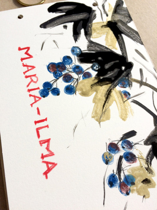 Custom wedding album with colored crayons and gold watercolor painting