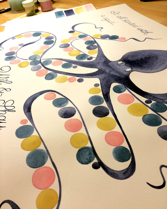 Custom design for a themed wedding guest book - the Squid