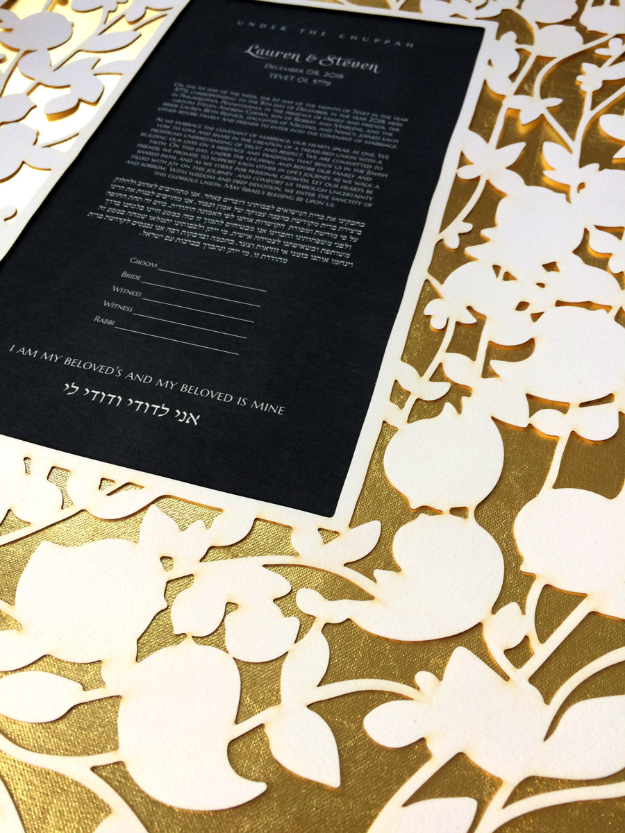 Beloved Garden with gold leaf covered papercut layer Ketubah