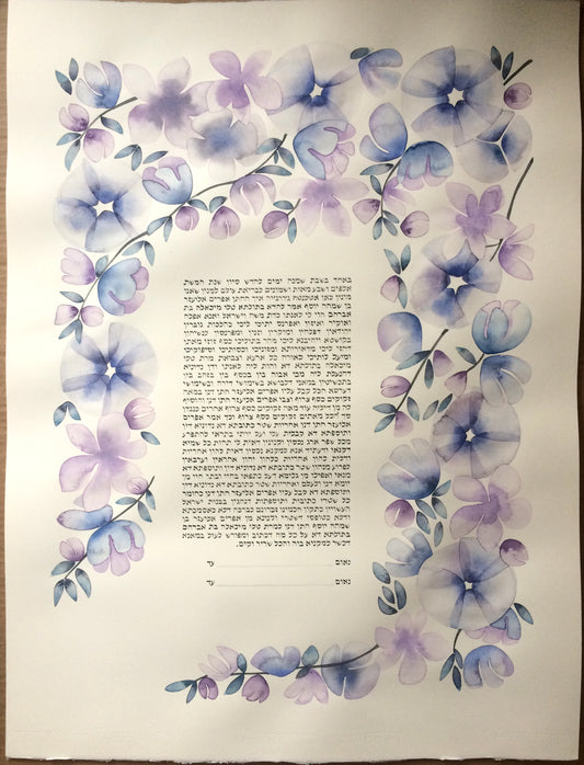 flower garlands ketubah in blue purple