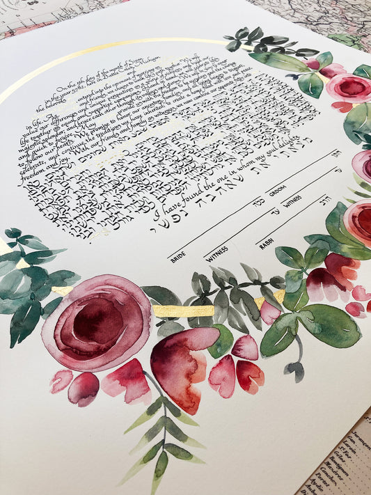 floral wreath on gold circle ketubah