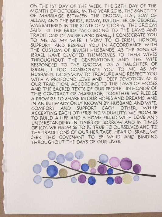 Hand calligraphy on original unique painted ketubah