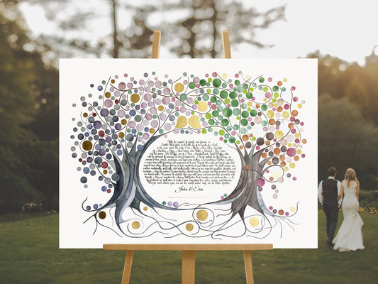four seasons intertwined trees of life Ketubah with love birds