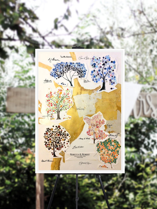 collage guest book with gold and silver leaf