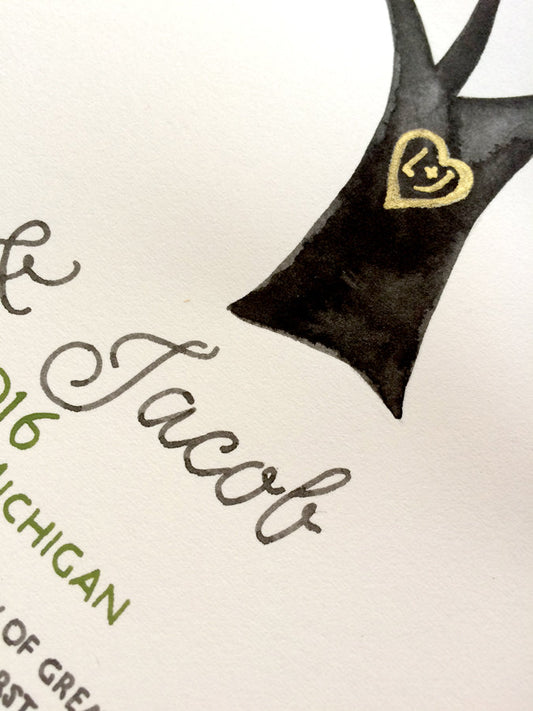 Handpainted ketubah with couple's initials and heart