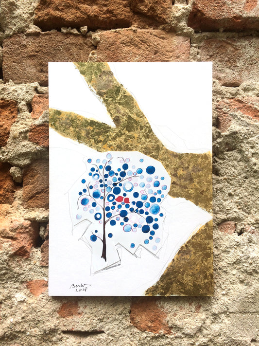 Post Eden art of living - Tree - collage mounted on board, print, pencil, gold and silver leaf