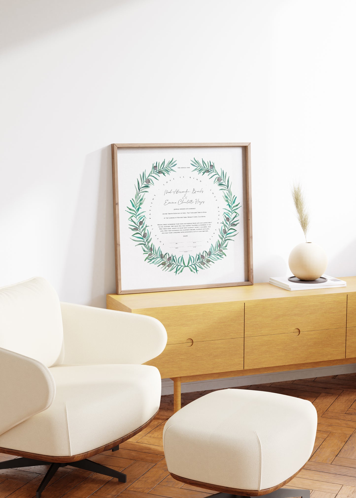 Olive Wreath Wedding Certificate, Botanical Fine Art Print | Peace & Unity | Gift for the Couple, Ceremony Keepsake