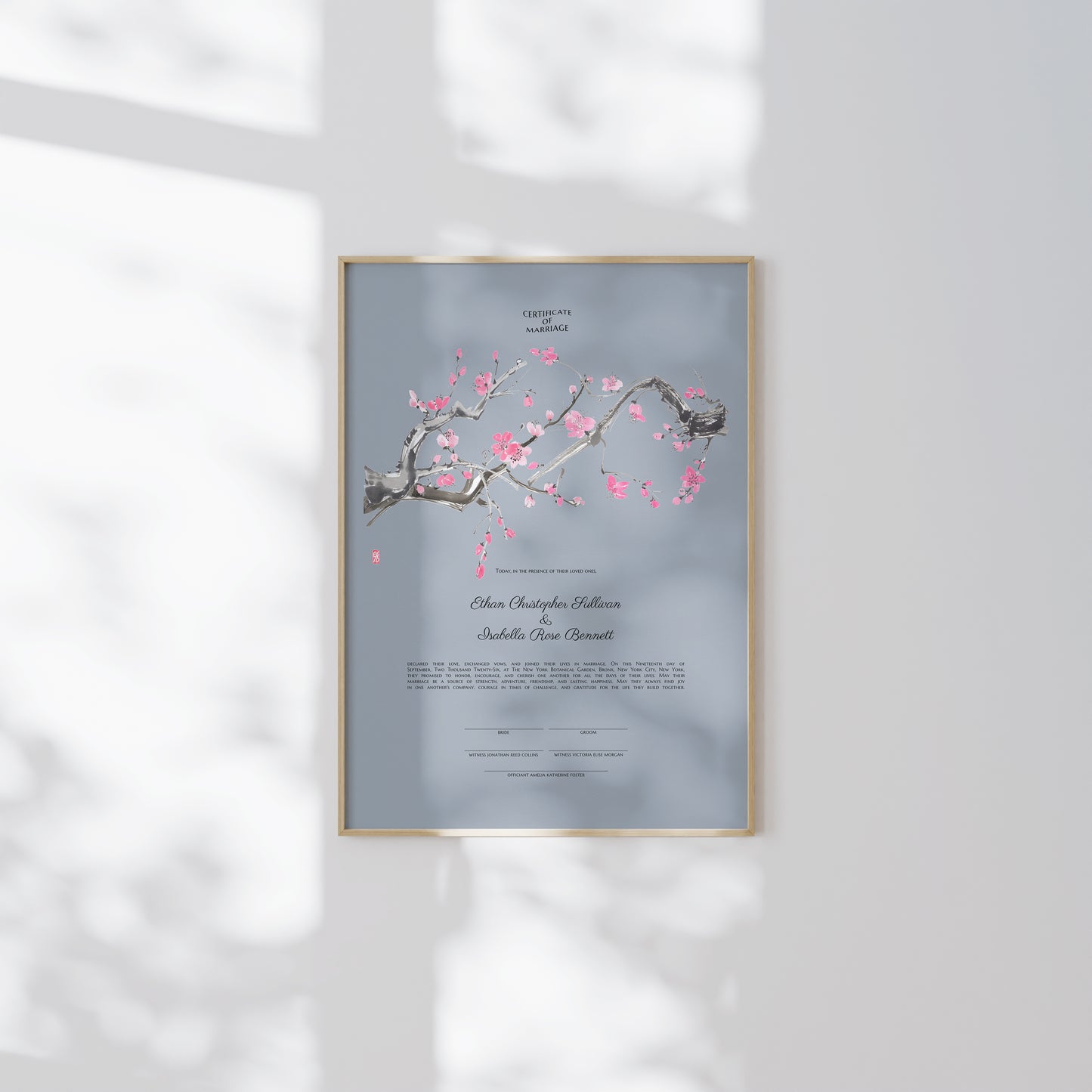 New York Botanical Garden Cherry Blossom marriage certificate print | Timeless Watercolor Wedding Certificate
